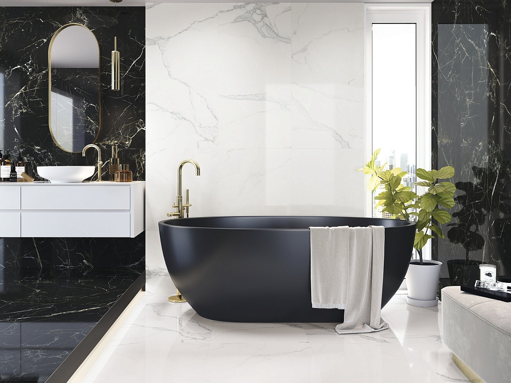 Интерьер на фото выполнен из крупноформатного керамогранита бренда APE XLINING, коллекция Night Lux. В GLOBUS CERAMICA можно купить отделочные материалы из последних коллекций этого производителя