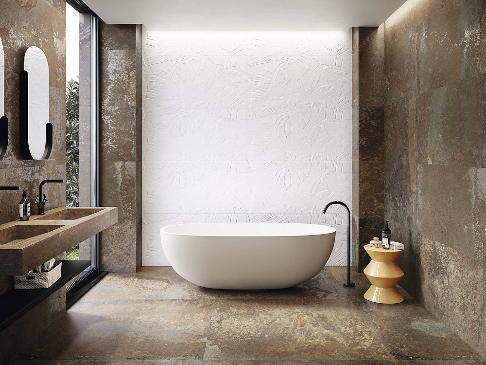 В этом интерьере гармонично соединились два горячих тренда: рельефный керамогранит и керамогранит с металлизированными оттенками от бренда APE Ceramica, коллекция Bellagio. В GLOBUS CERAMICA можно купить отделочные материалы из последних коллекций этого производителя