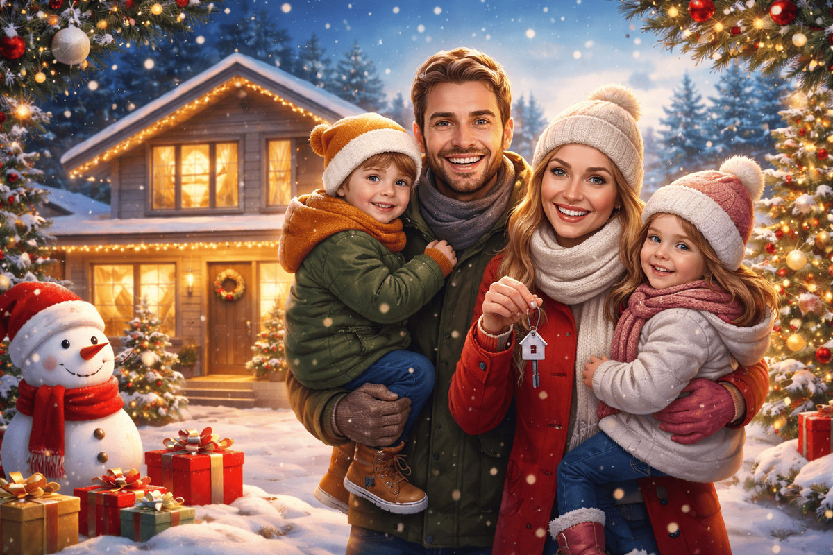 Семья с детьми на фоне нового дома зимой — семейная ипотека 2026, покупка квартиры с господдержкой