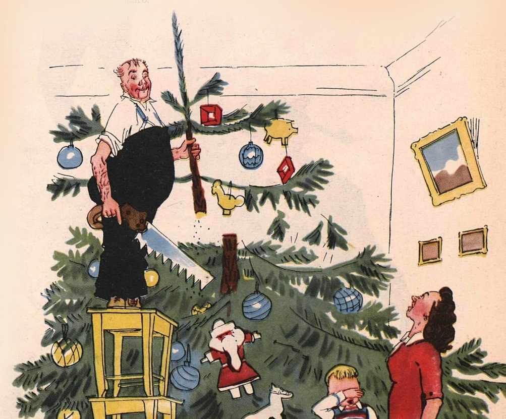 - Что ты делаешь? - Сейчас начальник в гости к нам приедет, а главбух предупредил, что у нас ёлка лучше, чем у него...