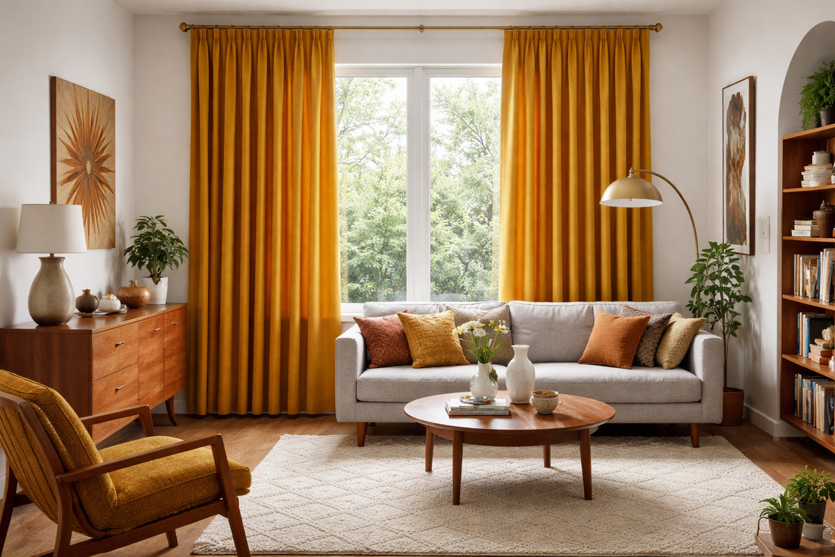 Портьеры в интерьре в стиле 70-х