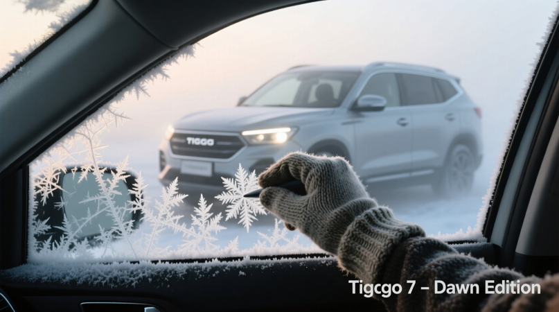  Рассвет. Тонкий иней на стекле. Внутри — рука в шерстяной перчатке проводит по лобовому стеклу, стирая узор. За стеклом — силуэт Tiggo 7 в тумане. Цвета: сталь, серый, молочный.