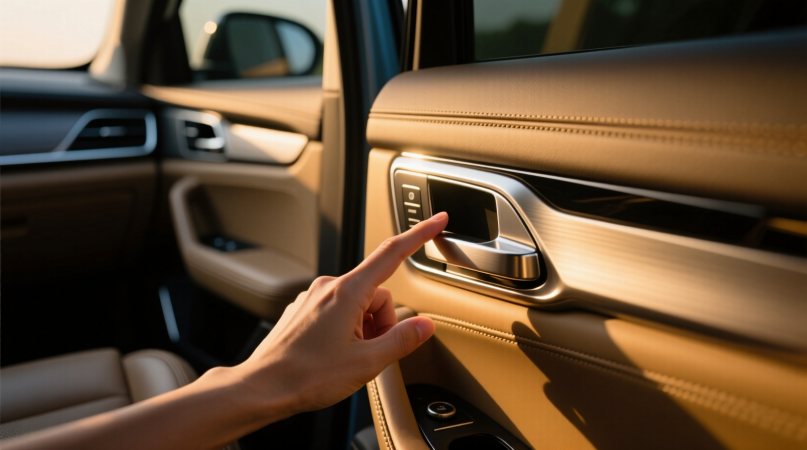 Крупно: дверная ручка. Палец нажимает — дверь открывается бесшумно. Свет в салоне включается не резко, а нарастает, как дыхание.