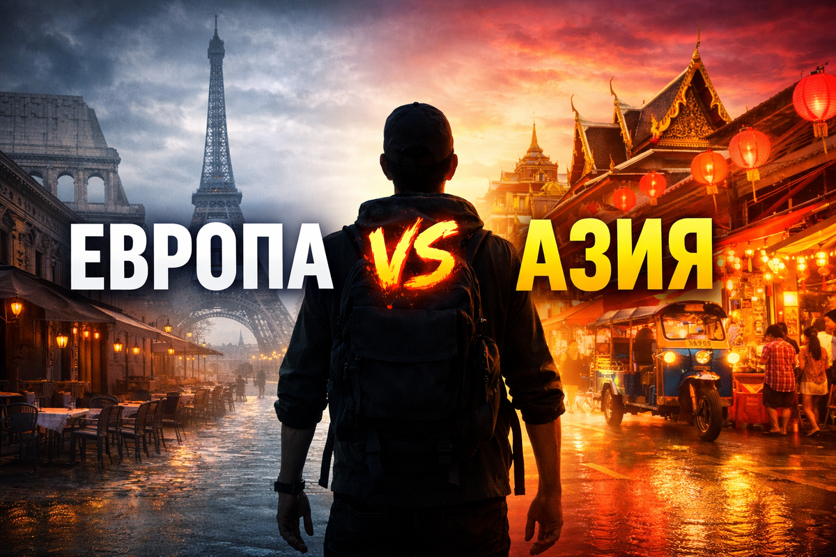 Путешественник выбирает, куда отправиться в следующий раз: в Европу или Азию?