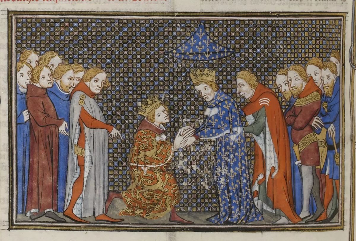 Король Англии Эдуард III приносит оммаж королю Франции Филиппу VI. Миниатюра из Больших французских хроник. 1375–1380