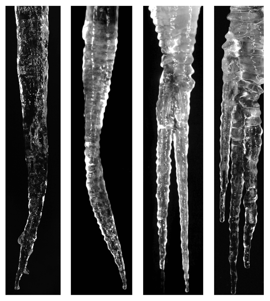 1. Если нет ветра, сосулька может принять самые замысловатые формы, а движения воздуха делают ее ровной (Experiments on the morphology of icicles, 2010)