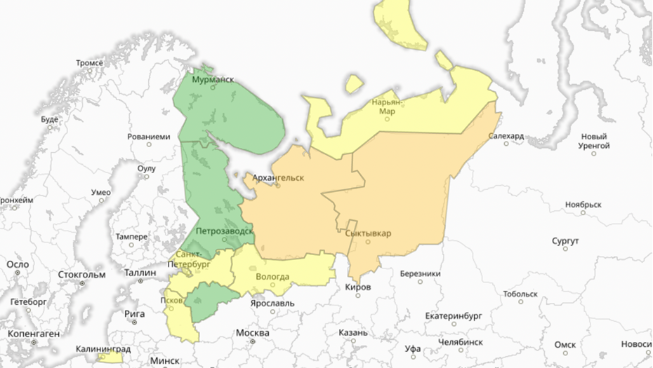    Прогностическая карта предупреждений для СЗФО Автор фото: meteoinfo.ru