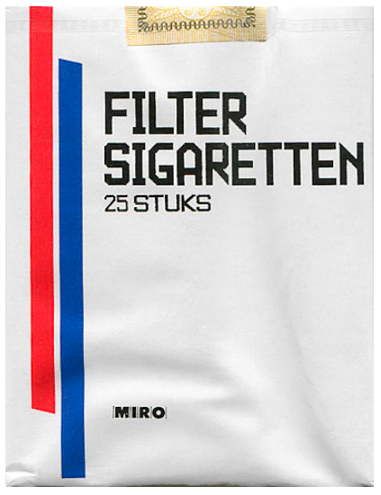 Filter Sigaretten. Нидерланды, 1980-е годы. 25 штук с фильтром в мягкой упаковке и в целлофане. Содержание смолы 15 мг, никотина 0,8 мг. Цена (была) 3,25 форинта. Производитель: Van Horssen Cigarette Co. Владелец торговой марки: Miro.