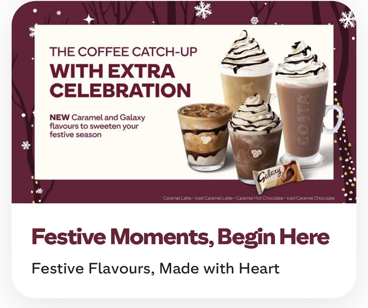 Новогоднее меню напитков Costa.