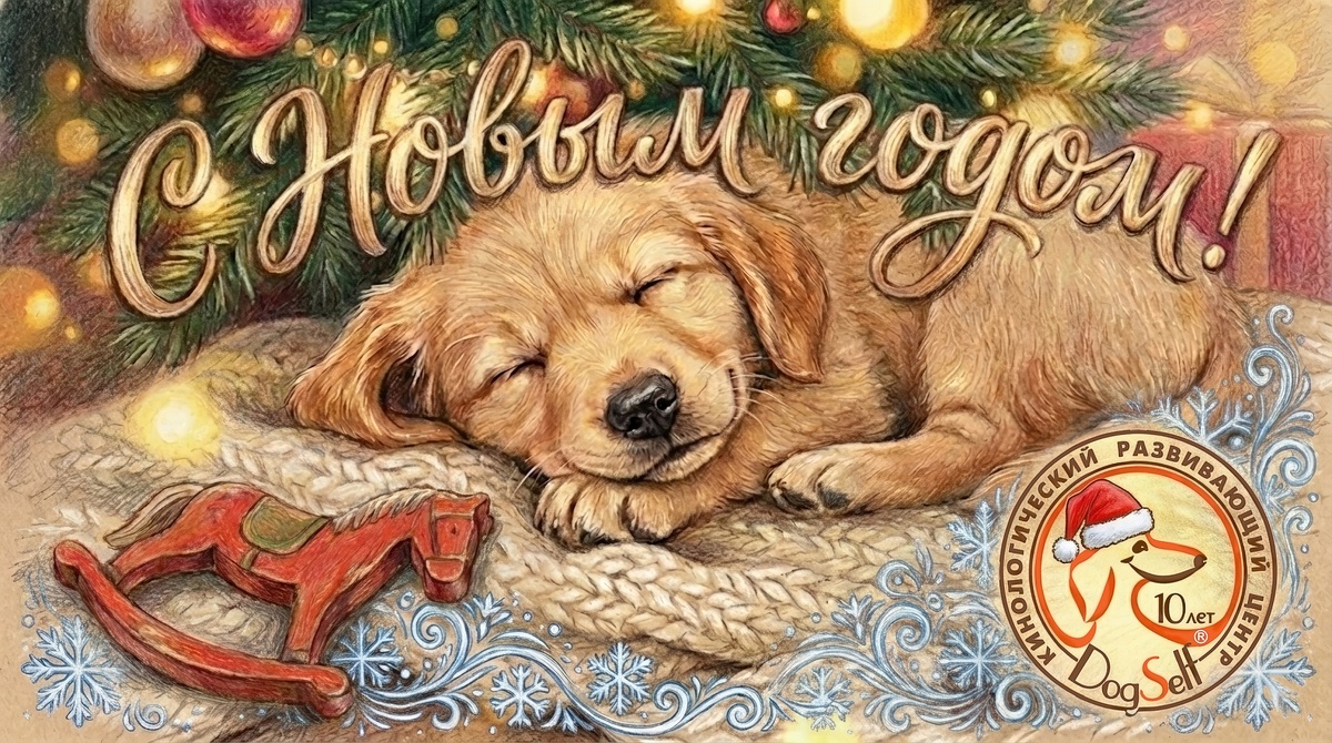 Спокойствие щенка под праздничной ёлкой – это главное лекарство, которое нужно питомцу в новогоднюю ночь. Не шум, не кураж, не попытка быть везде сразу. Просто тихий сон рядом с вами. | Иллюстрация: DogSelf