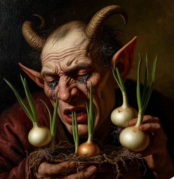 А в Японии вывели сорт лука, который не вызывает слёз при нарезании, лишив его летучего вещества-лакриматора! Так что слёзы диавола остались только на картинке!