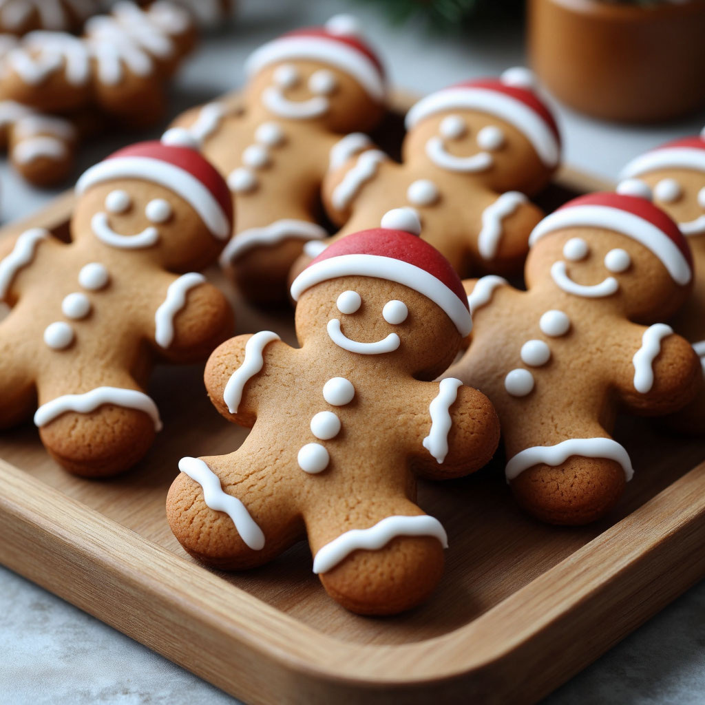 Имбирный человечек в новогоднем оформлении, украшенный глазурью