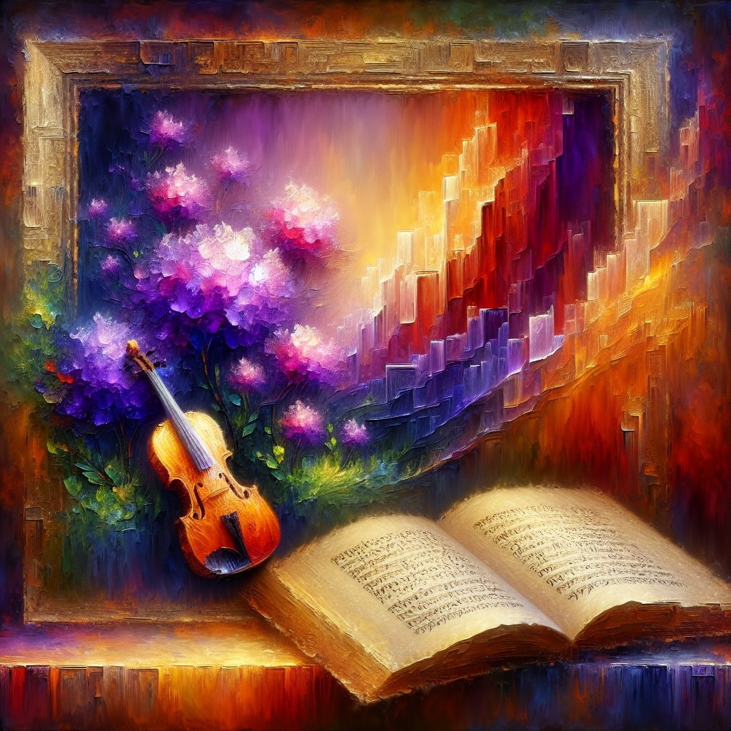 На картине в стиле Пала Фрида изображена композиция, включающая старый фолиант с древними рунами, скрипку и кустарник с цветами нежных оттенков фиолетового. 