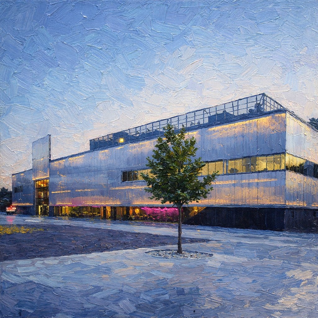 Картина в стиле Пала Фрида изображает новое здание Музея современного искусства «Гараж» в Парке Горького.