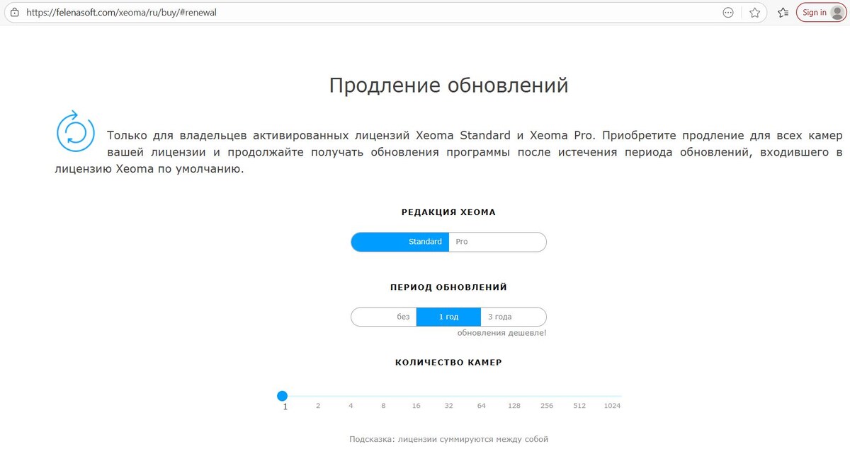 Блок с Продлениями обновлений на странице покупки Xeoma