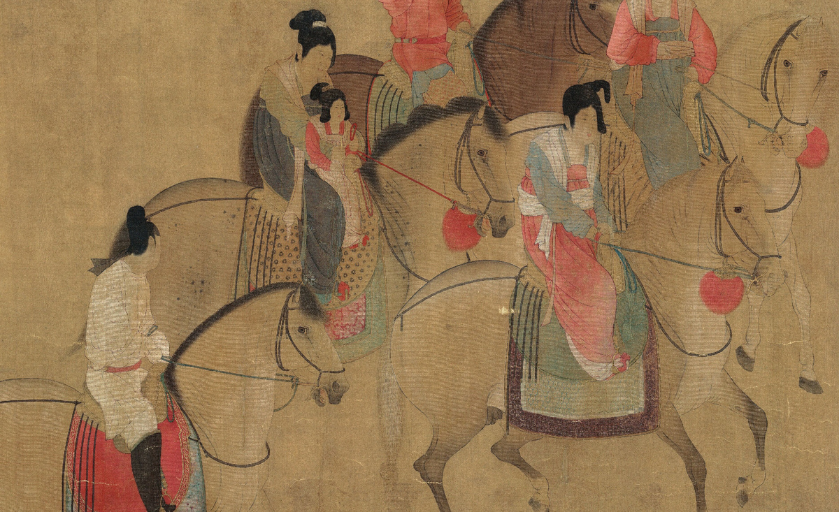 Фигуры в женских и мужских одеждах, знатные особи и слуги, пожилая дама с ребенком.