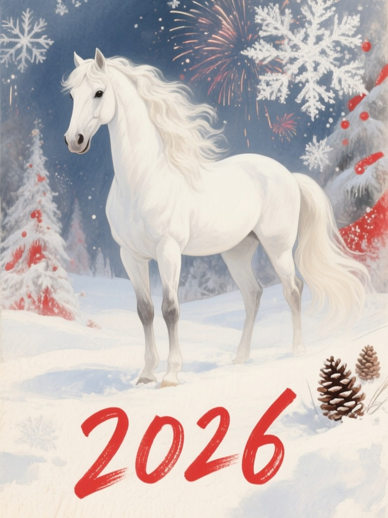 "Белая лошадка 2026" Новогодняя открытка в акварельном стиле