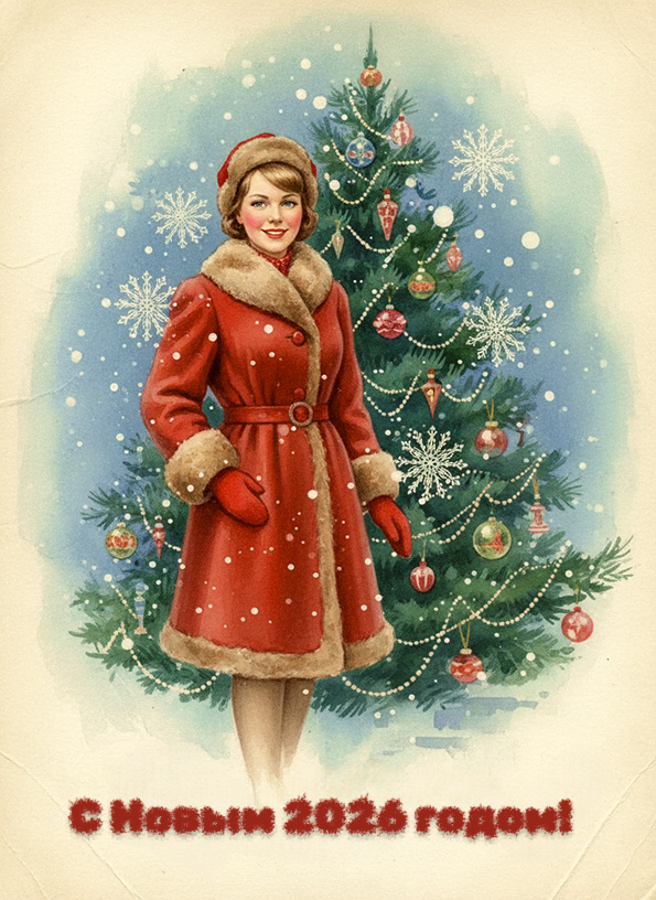 Новогодняя открытка 2026 в стиле советских открыток