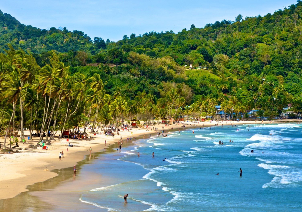 Пейзаж залива Маракас — самого популярного пляжа острова Тринидад с золотистым песком и густыми пальмовыми рощами, спускающимися к лазурной воде.