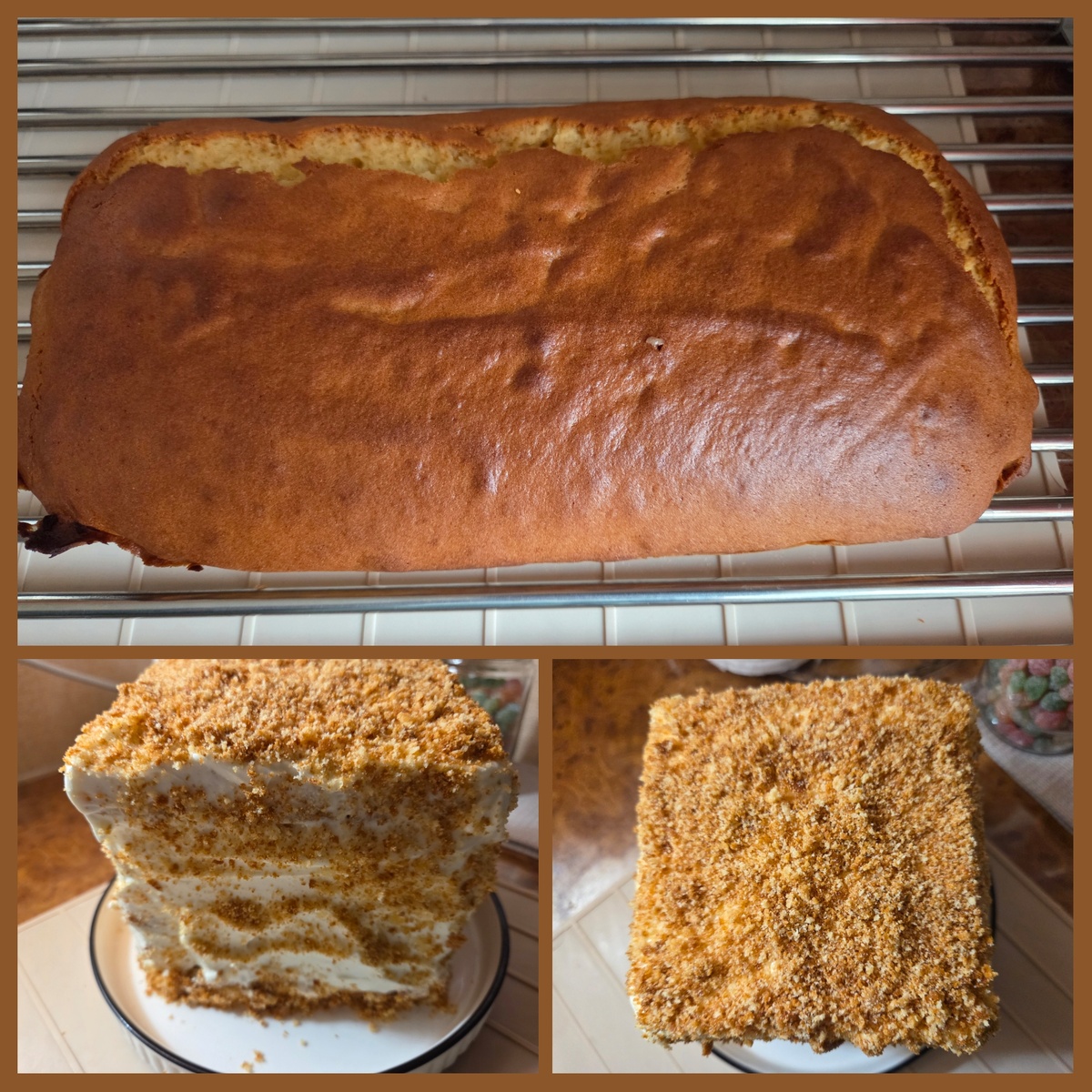 Вверху корж немного растрескался. Это не страшно, поскольку верхушечку я всё равно срезаю, для ровности. Можно, конечно украсить, разложить орехи, сделать его в виде домика, обсыпать кокосовой стружкой, заморозить из белого шоколада снежинки и т.д. У нас вот такой. На вид -малютка. Думала съедим в два приёма. А вот и нет. Он очень сытный, и оказывается большой. Килограмм-это точно! Самое главное, что без "ешек" и вкусный. Радуйте своих близких домашней выпечкой. Давно забытое чувство. Получила удовольствие от этого действа!!!