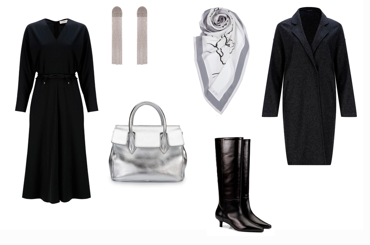 Платье Agnona из шерсти, серьги Fabiana Filippi, сумка Ereda, платок Re Vera, сапоги Peserico, пальто из кашемира и шелка Colombo