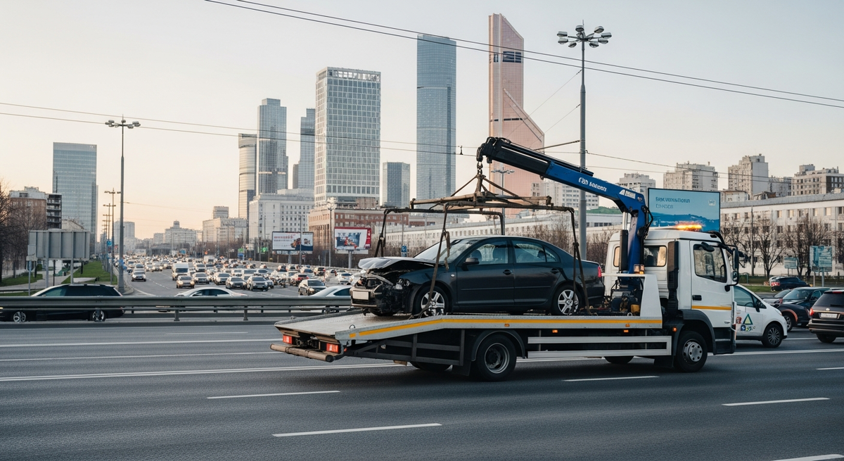 Эвакуатор забирает машину