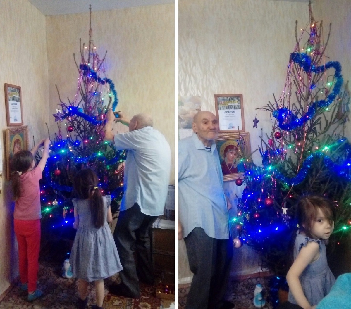 Анатолий с дочками Валентины наряжает елку, 2019 год. Фото: Валентина Гулицына / предоставлено для публикации hornews.com