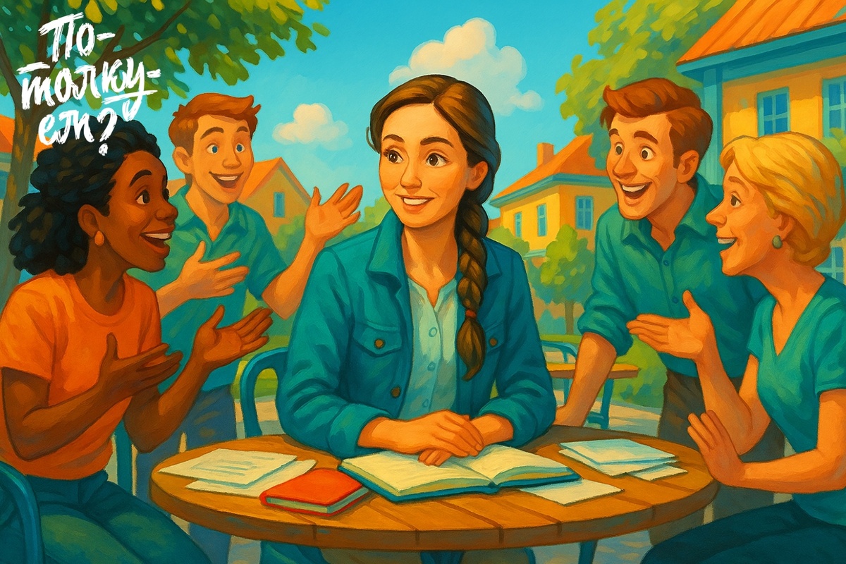 Молодая женщина за столиком кафе слушает сразу нескольких людей на улице
