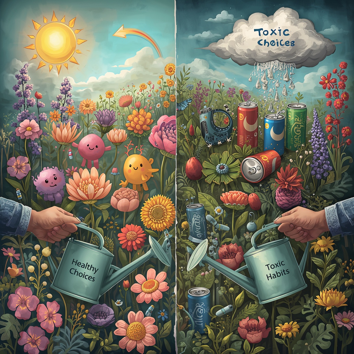 «Слева — наш внутренний мир, когда мы его бережём. Цветущий сад, где каждая бактерия знает своё место и дарит нам энергию, ясность ума и сияние кожи. Справа — что происходит, когда мы, сами того не замечая, начинаем "поливать" этот сад токсичными привычками. Кажется, выбор очевиден, правда? Но в жизни мы часто выбираем "правую сторону", даже не подозревая об этом.»