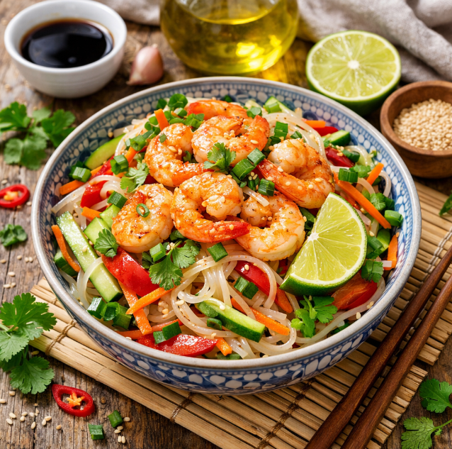 Салат с креветками, рисовой лапшой и лаймом рецепты от Дарики