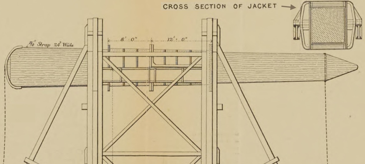 Конструкция жёсткой "рубашки", охватывающего обелиск (вверху справа поперечное сечение) По чертежу Бейкера.
