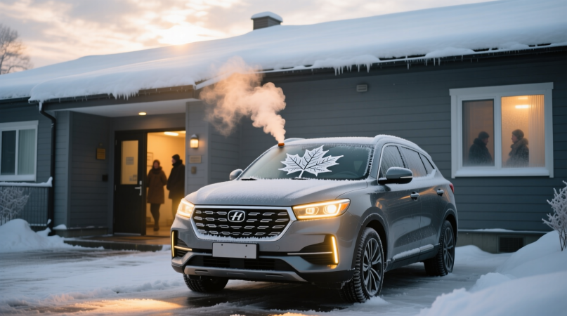 Tiggo 8 стоит у подъезда панельного дома. Снег на крыше, пар из выхлопной трубы поднимается в морозный воздух. Свет фар — тёплый, не режущий. На стекле — лёгкий иней в форме листа клёна.