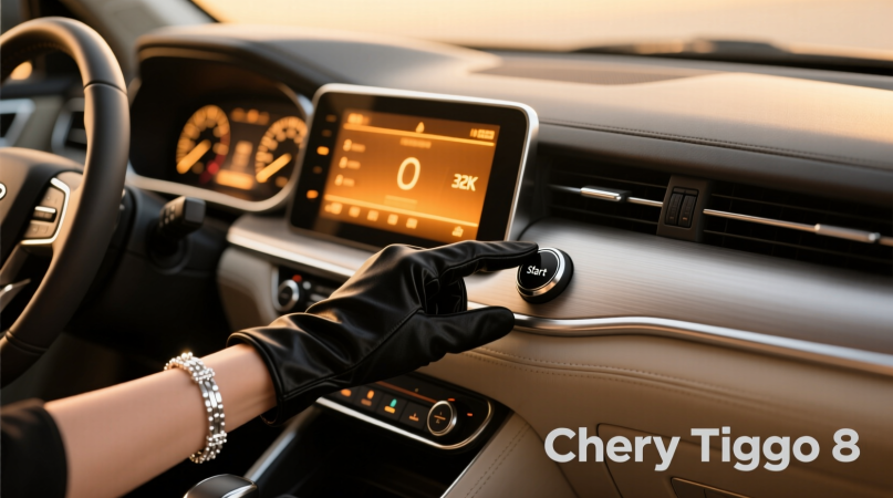 Рука в перчатке (женская, с тонким серебряным браслетом) касается кнопки запуска. Приборка загорается — мягко, без вспышки. Цифры — матовые, с подсветкой цвета старого янтаря.Chery Tiggo 8