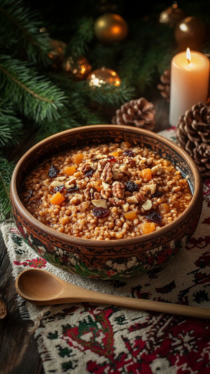 Изображение сгенерировано искусственным интеллектом. Тема: кутья — традиционное обрядовое блюдо святочных и поминальных трапез.