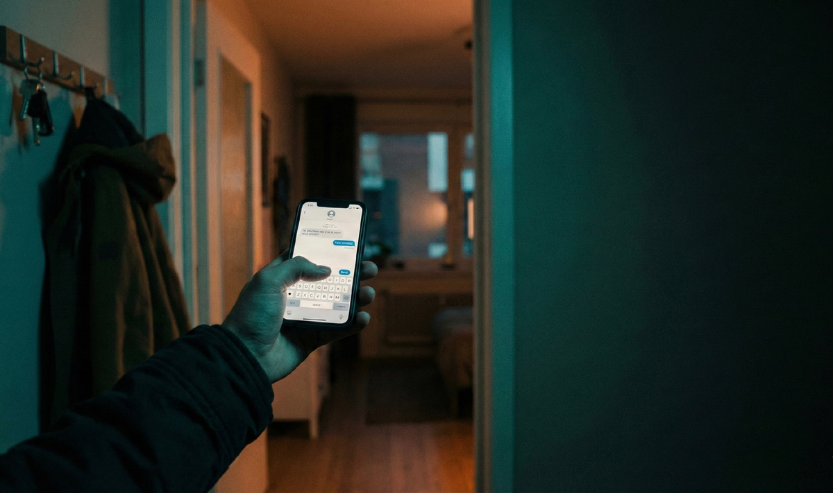 “Вечер у двери: рука с телефоном зависла перед отправкой первого сообщения - страшно выйти к людям.”