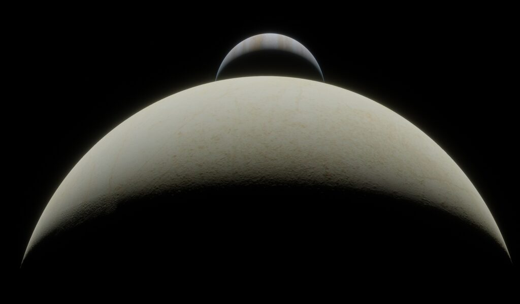 Восход Юпитера над Европой. Иллюстрация: Space Engine