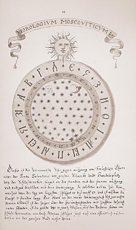 
И.Р. Сторн. «HOROLOGIUM MOSCOVITICUM (МОСКОВИТСКИЕ ЧАСЫ)» // «Путешествие в Московию барона Августина Майерберга и Горация Вильгельма Кальвуччи, послов Августейшего Римского Императора Леопольда к Царю и Великому Князю Алексею Михайловичу в 1661 году, описанное самим бароном Майербергом». Издание Императорского Общества Истории и Древностей Российских при Московском Университете. Москва. Университетская Типография. 1874 г. 

