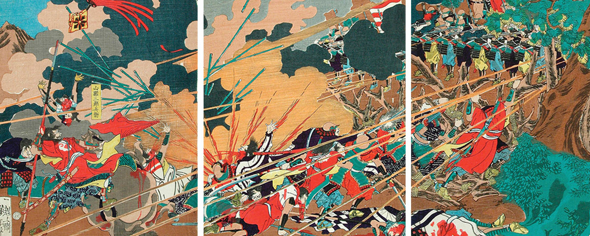 Битва при Нагасино. Картина Тсукиока Йошитоши Tsukioka Yoshitoshi (яп. 月岡芳年; также Таишо   Йошитоши Yoshitoshi яп. 大蘇芳年, также Нагашино Ка). Конец XIX в. Общенародное достояние