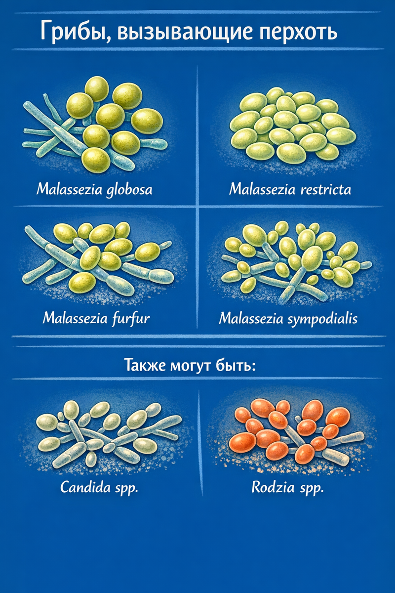 Рис. 1. Виды грибов, которые вызывают перхоть или отслоение кожи.