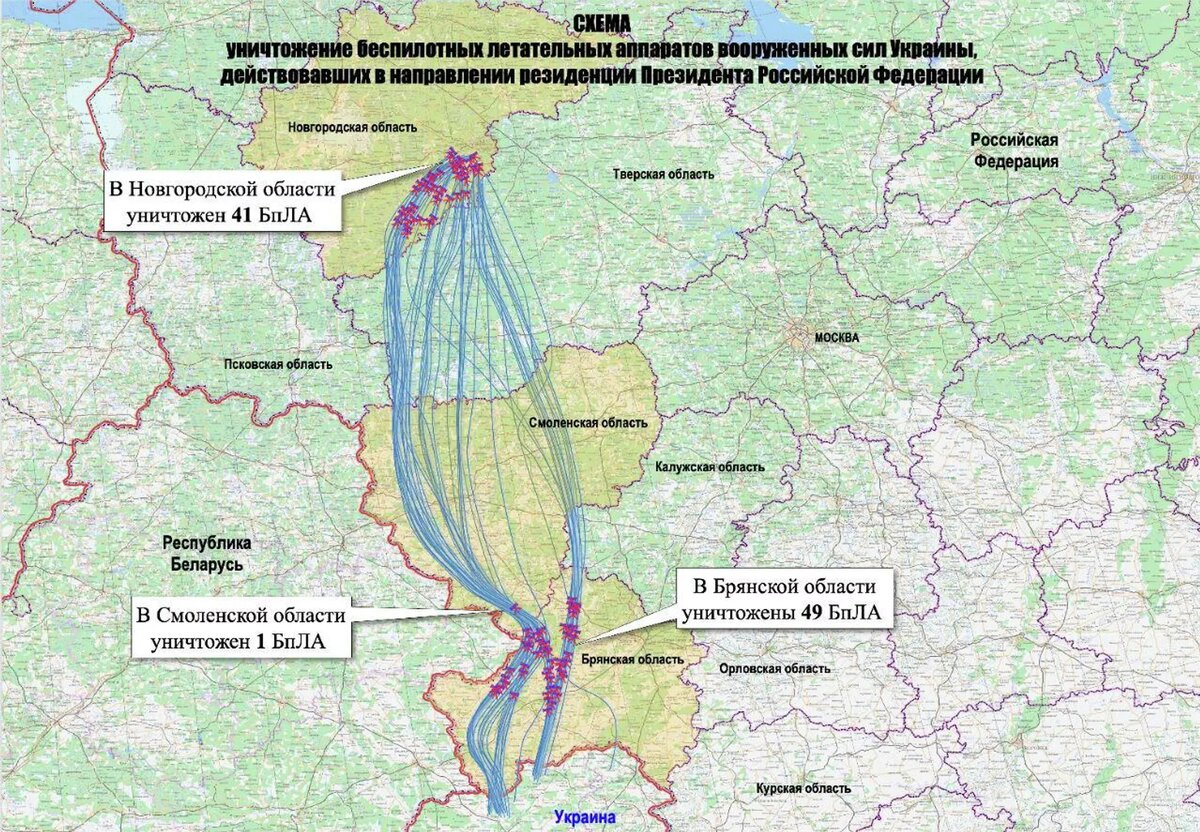 Схема уничтожения БПЛА Вооруженных сил Украины, действовавших в направлении резиденции президента Российской Федерации / © Photo : Минобороны России