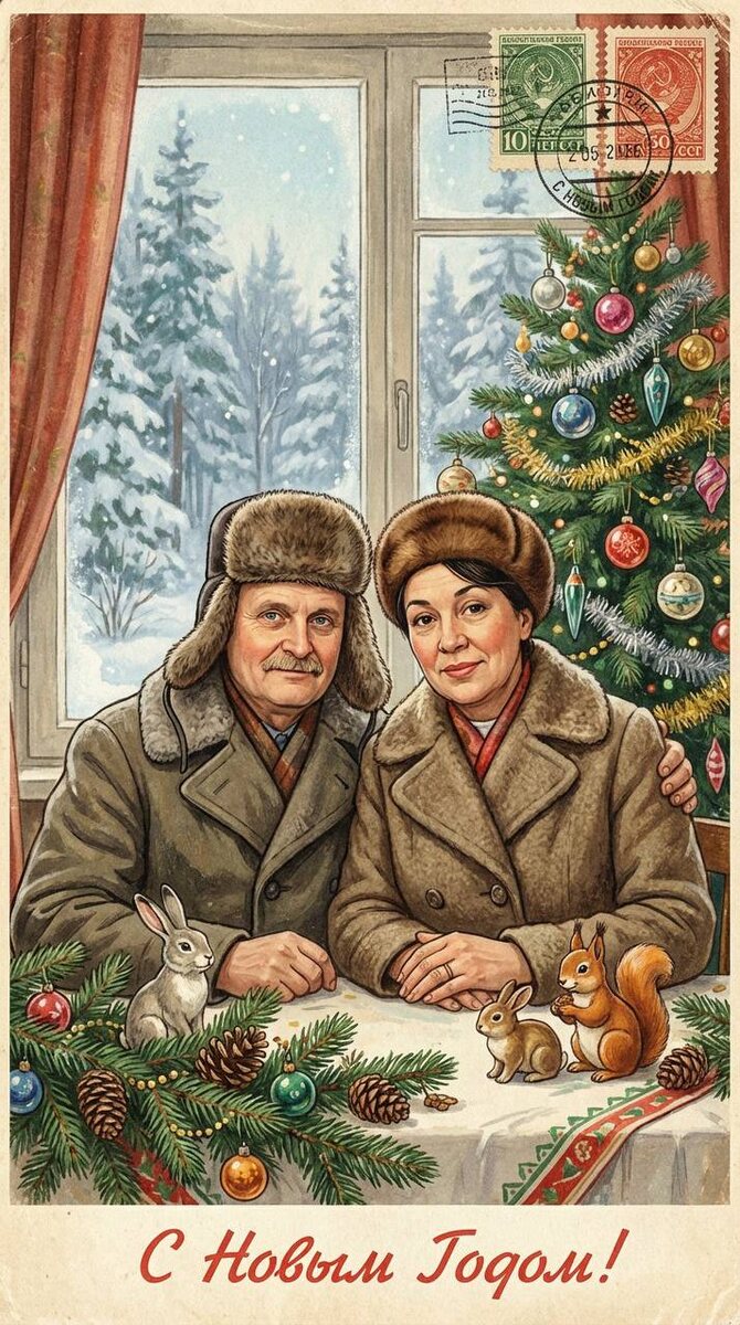 Фото автора и ии. Дети баловались с ИИ. Мне открытка понравилась. Почему-то она напоминает мне фильм «Девчата». Кажется, что мы с мужем находимся в поселке лесорубов, в одной из комнат недавно построенного дома, который строили общими усилиями жители поселка. А за окном тайга и скамейка, на которой целовались влюбленные Тося и Илья… 