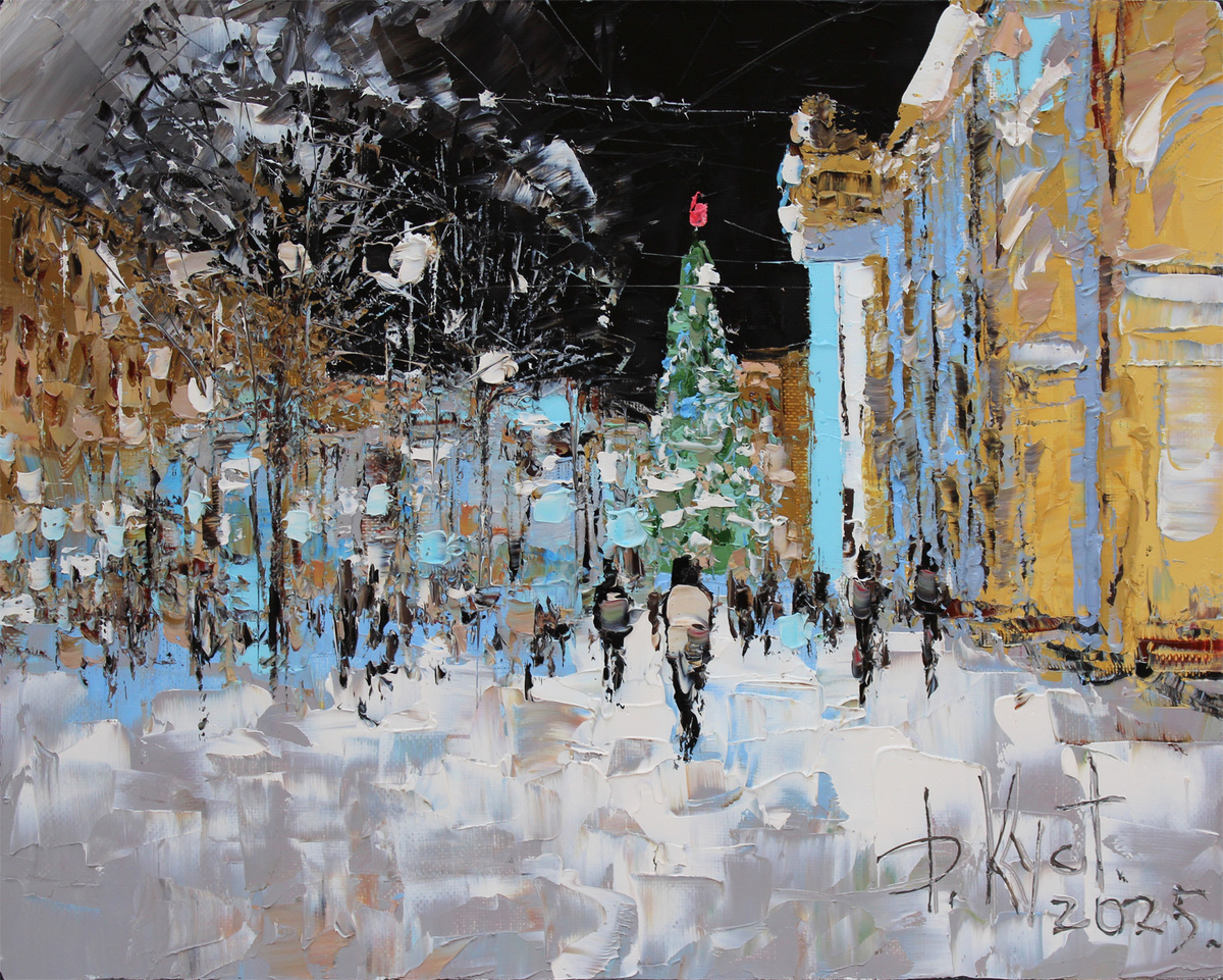 Художник Дмитрий Кустанович. Этюд «Ёлка на Гостинке», 40x50 см, холст, масло , 2025 год создания