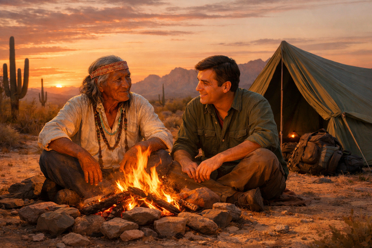 Кастанеда и Дон Хуан вечером у Костра