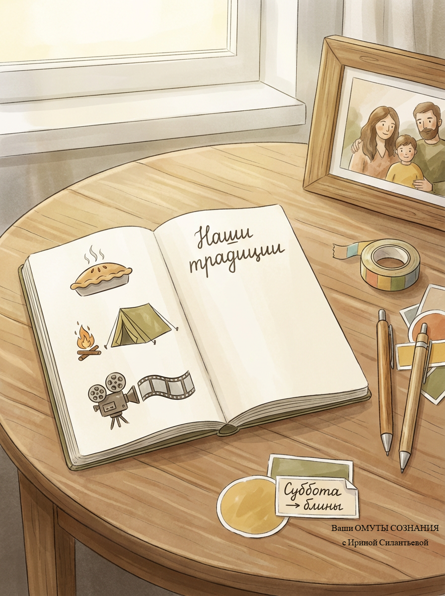 «Блокнот «Наши традиции» — простой способ визуализировать ритуалы семьи. Иконки, заметки и фото создают карту близости, которую можно пересматривать и дополнять».