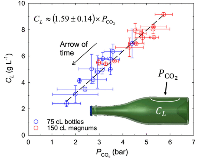     Изменение давления и концентрации углекислого газа в бутылках объемом 0,75 литров (обозначены синим цветом) и 1,5 литр (красным цветом) Gérard Liger-Belair, et al. / ACS Omega, 2023