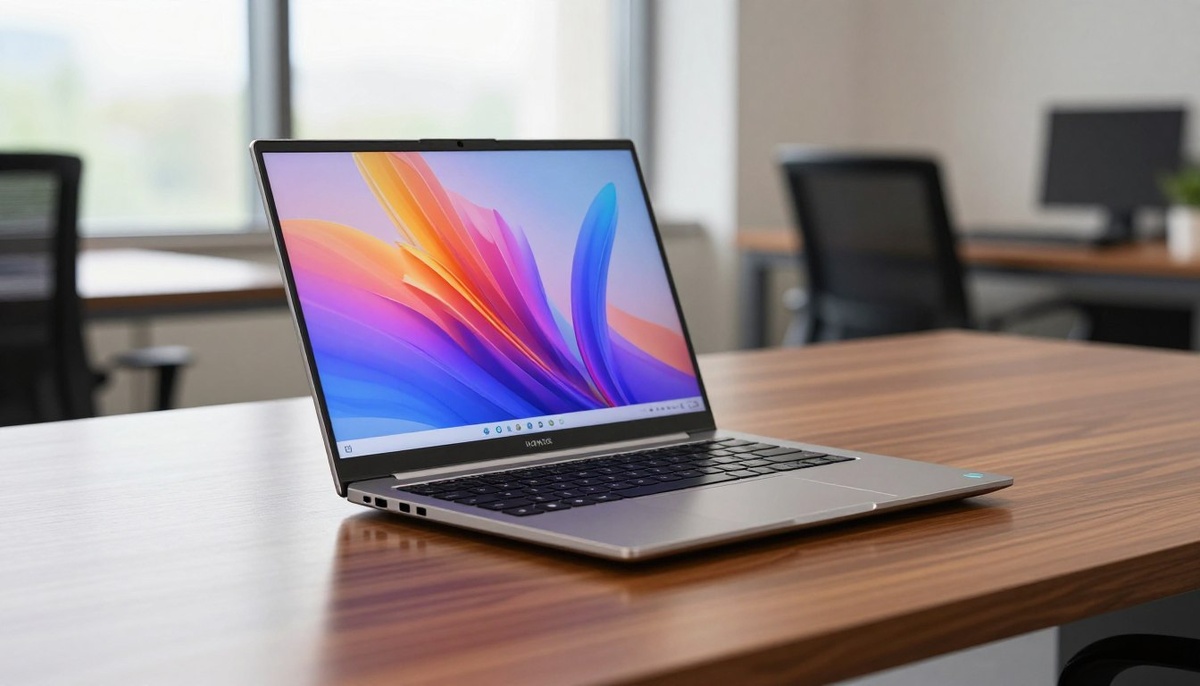 Стильный ноутбук HONOR MAGICBOOK X16 CI5 серого цвета, отличающийся элегантным дизайном и современными функциями. Ноутбук открыт и оснащен ярким экраном с высоким разрешением и красочными визуальными эффектами, подчеркивающими его возможности. На переднем плане ноутбук расположен на полированном деревянном столе, под которым едва заметное отражение создает ощущение превосходства. На заднем плане изображена размытая офисная обстановка с мягким естественным освещением, проникающим через соседнее окно, что создает приятную и профессиональную атмосферу. Ноутбук находится в центре внимания, а небольшая глубина резкости позволяет подчеркнуть его детали. Общее настроение - утонченное и современное, идеально подходящее для первого знакомства с этим инновационным устройством.