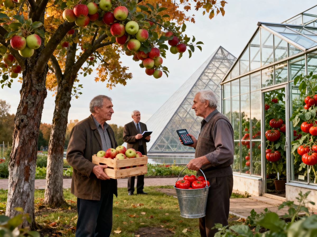 Сергей Петрович и его яблоки-богатыри. Дядя Миша и его помидорный Лувр. Их бартер был идеален… пока не пришёл бухгалтер с калькулятором. 🍎🍅🧮