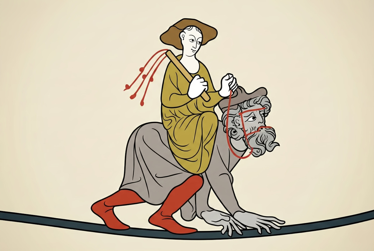 По мотивам популярной средневековой байки о том, как гетера оседлала самого Аристотеля