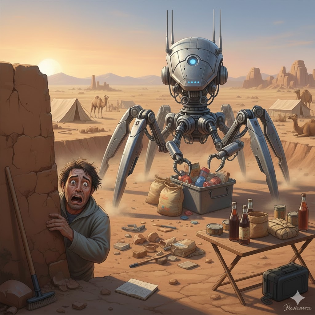 "Инопланетный робот в лагере археологической экспедиции", иллюстрация слздана сетью Джемини