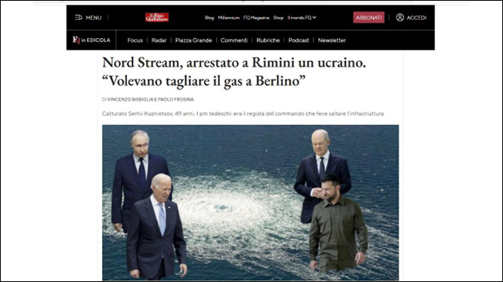    Заголовок: "В Римини арестовали УКРАИНЦА, причастного к подрыву "СЕВЕРНОГО ПОТОКА": "ХОТЕЛИ ЛИШИТЬ БЕРЛИН ГАЗА". Скриншот: интернет-сайт ILFATTOQUOTIDIANO.IT